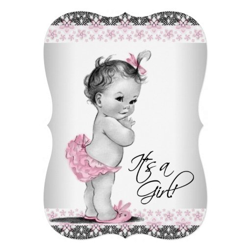 Vintage Pink and Gray Baby Girl Shower Personalized Announcement