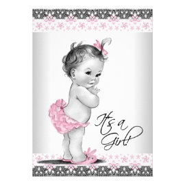 Vintage Pink and Gray Baby Girl Shower Personalized Invitations