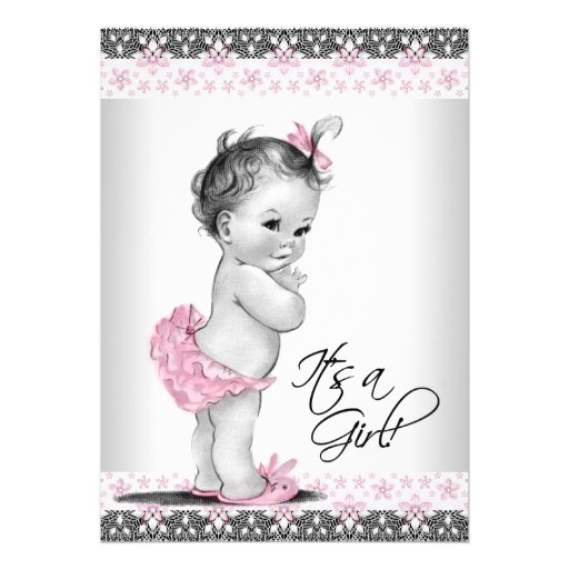 Vintage Pink and Gray Baby Girl Shower Personalized Invitations