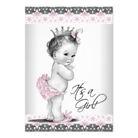 Vintage Pink and Gray Baby Girl Shower Invites