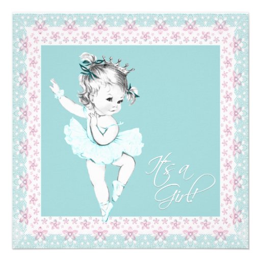 Vintage Pink and Teal Blue Baby Girl Shower Announcement