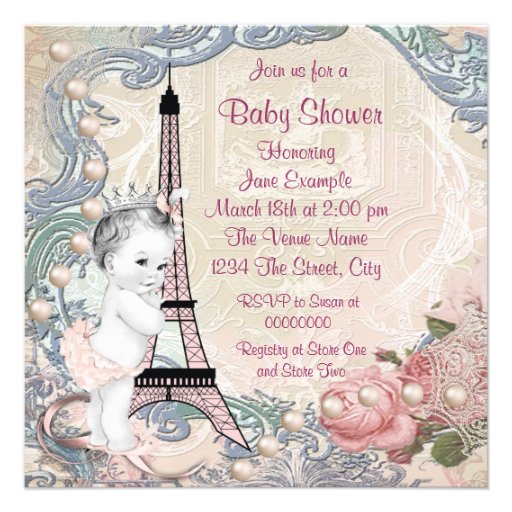 Vintage Pink and Teal Blue Paris Baby Shower Custom Invitations