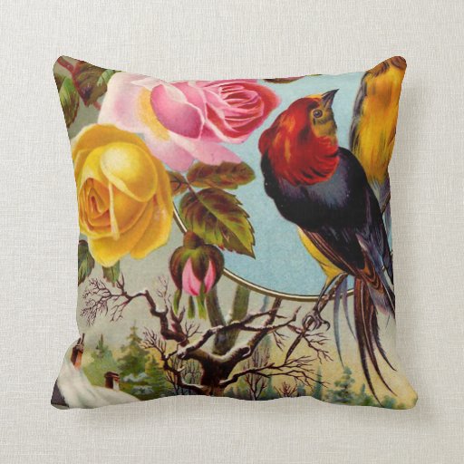 Vintage Pink and Yellow Roses and Birds Throw Pillow Zazzle