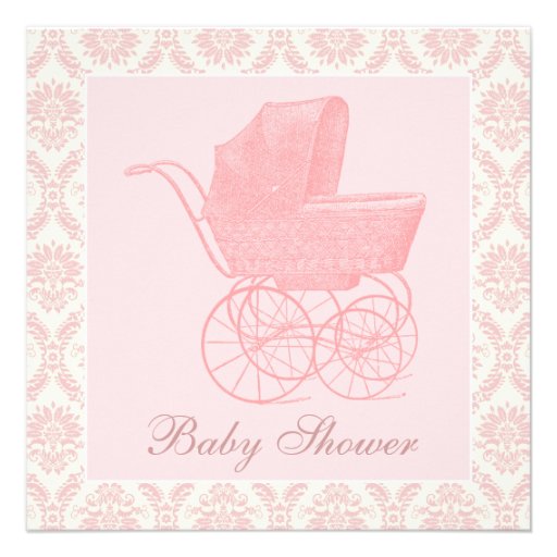 Vintage Pink Baby Carriage Baby Girl Shower Custom Announcements