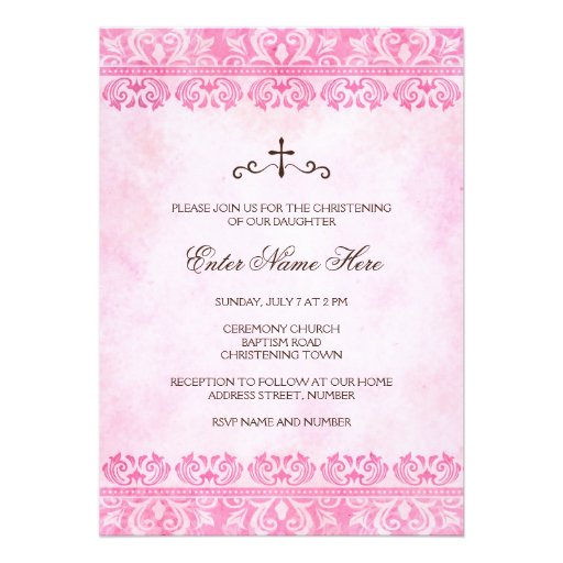 Vintage pink damask baptism/christening invitation