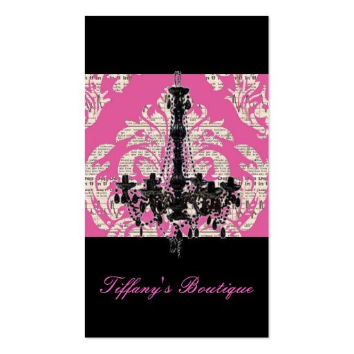 Vintage Pink Damask Chandelier Boutique Business Card Templates (front side)