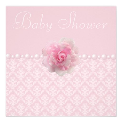 Vintage Pink Damask, Rose & Pearls Baby Shower Invite