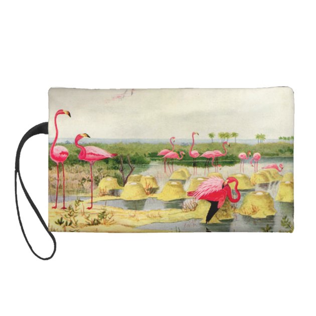 Vintage Pink Flamingos Print Wristlet