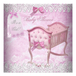 Vintage Pink Girl Baby Shower Lace Crib Invites