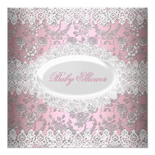 Vintage Pink Girl Baby Shower Lace Damask Custom Invite