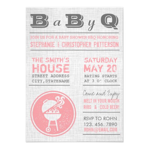 Vintage Pink Gray BBQ Girl Baby Shower Invitations (front side)