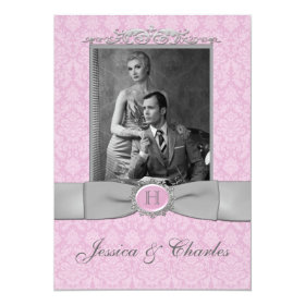 Vintage Pink, Gray Damask Scrolls Photo Wedding 5x7 Paper Invitation Card