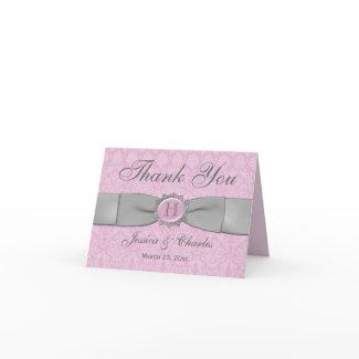 Vintage Pink, Gray Damask Thank You Card