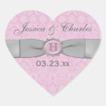 Vintage Pink, Gray Damask Wedding Favor Sticker