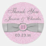 Vintage Pink, Gray Damask Wedding Favor Sticker