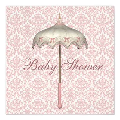 Vintage Pink Parasol Umbrella Baby Girl Shower Announcement