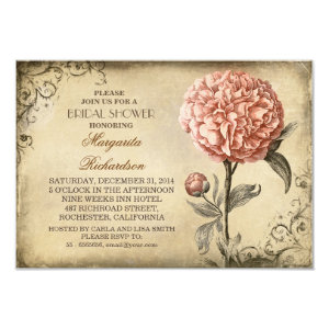 vintage pink peony rustic bridal shower invitation