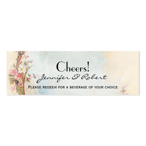 Vintage Pink Rose and Robin Wedding Drink Tickets Business Card (front side)