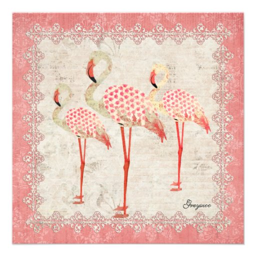 Vintage Pink Rose Flamingos Baby Invitation