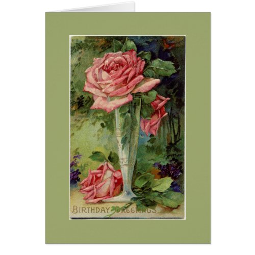 vintage pink rose birthday greeting card
