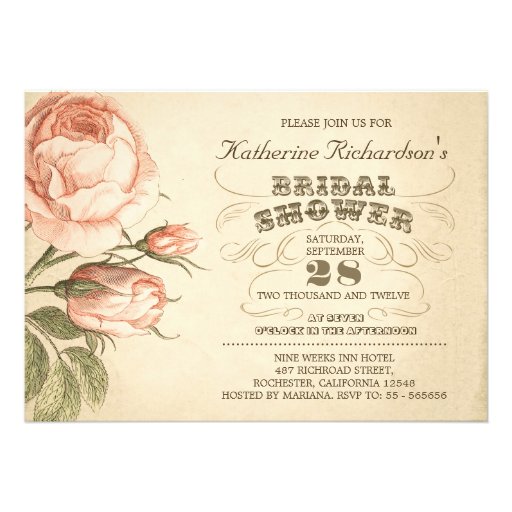vintage pink rose typographic bridal shower invite