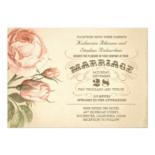 vintage pink rose typographic wedding invitation