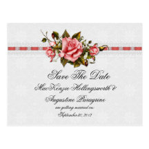 Vintage Pink Roses and Damask Print Save The Date Postcard