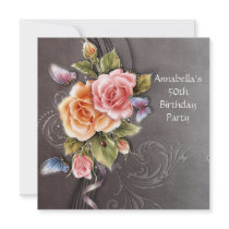 Vintage Pink Roses Floral Art 50th Birthday Personalized Announcement