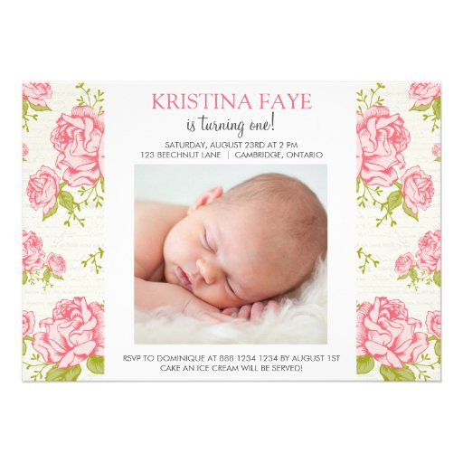 Vintage Pink Roses Photo Birthday Party Invitation (front side)