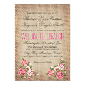 Vintage Pink Roses Rustic Burlap Wedding Invites 4.5