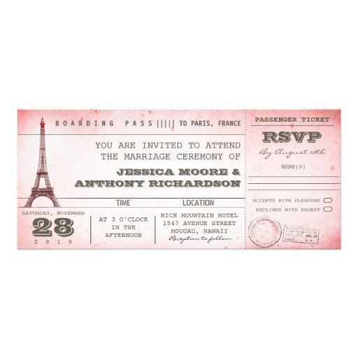 vintage pink wedding boarding pass to Paris Custom Invitation