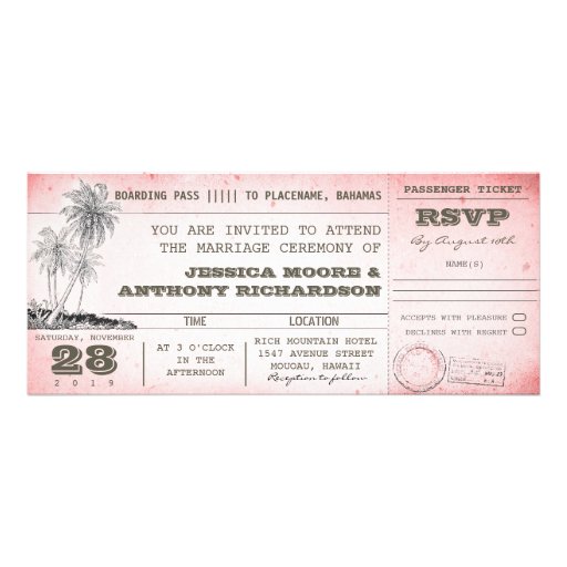 vintage pink wedding boarding pass with palms personalized invite