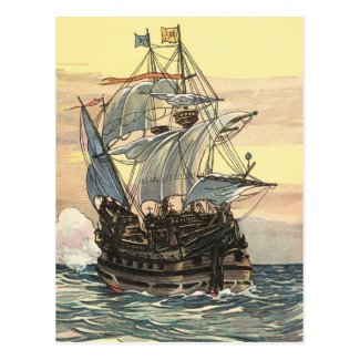Vintage Pirate Ship Galleon Sailing the Ocean Postcard