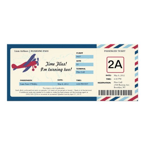 Vintage Plane Birthday Boarding Pass Ticket Invitation (front side)