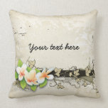 Vintage plumeria/frangipani and ivy beige pillow