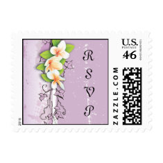 Vintage plumeria ivy purple white wedding RSVP Stamp