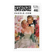 Vintage Portrait, Bride Groom, Newlyweds w Flowers Postage Stamp
