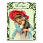 VINTAGE POSTCARD CHILD W RED HAT AND CAT BY ARA