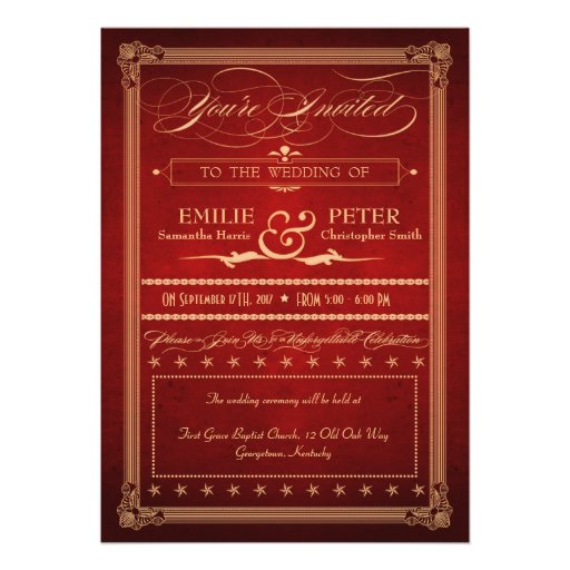 Vintage Poster Plush Red Wedding & Reception Personalized Invites