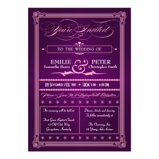 Vintage Poster Style Purple Wedding Invitations