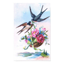Vintage Poster With Swallows And Roses posters by vintagetreasurechest Vintage Poster With Swallows And Roses posters