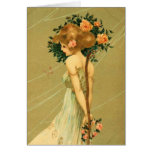 Vintage Pretty Girl With Pink Roses and Butterfly Card