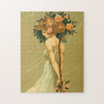 Vintage Pretty Girl With Pink Roses and Butterfly Puzzle