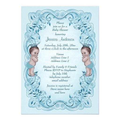 Vintage Princes Boy Twins Ornate Blue Baby Shower Custom Invitations