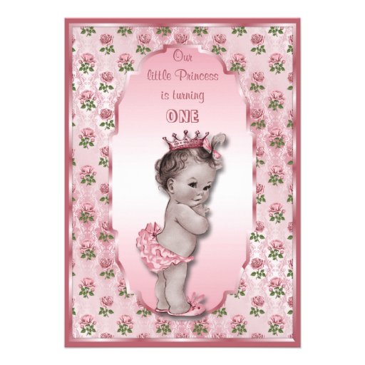 Vintage Princess Baby Girl and Pink Roses Birthday Personalized Invites
