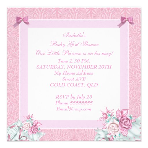 Vintage Princess Baby Shower Girl Pink Damask Rose Invite