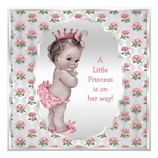 Vintage Princess Pink Roses Silver Baby Shower Invite