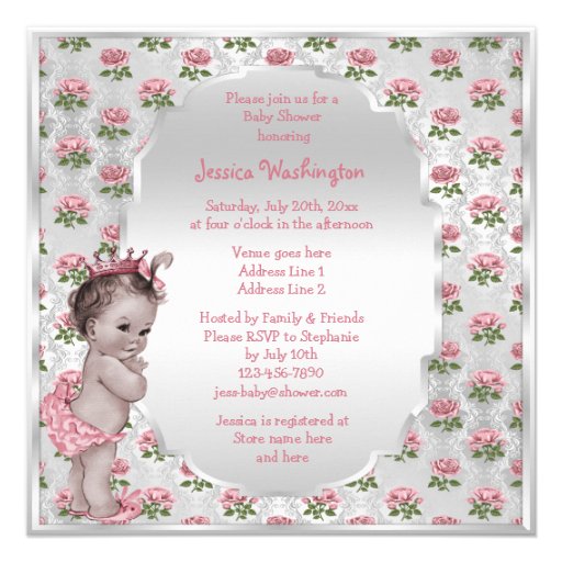 Vintage Princess Pink Roses Silver Baby Shower Invite