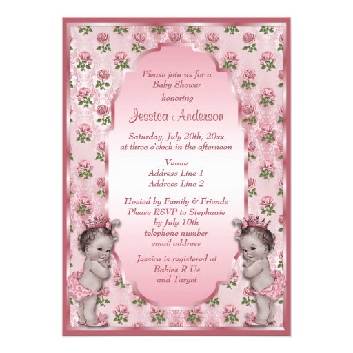 Vintage Princess Twins and Pink Roses Baby Shower Card