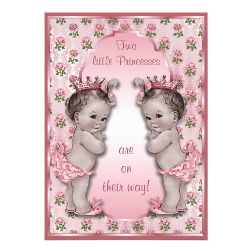 Vintage Princess Twins and Pink Roses Baby Shower Card